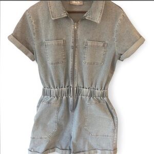 Blue B. Denim Short Sleeve Zipper Romper | Medium